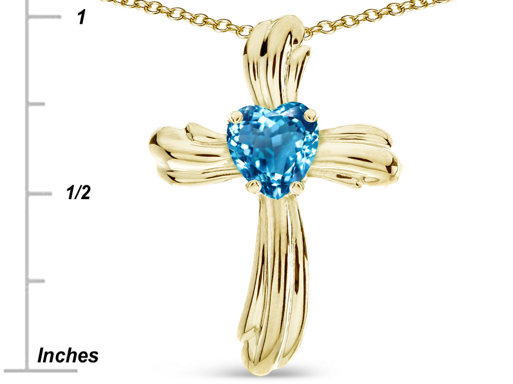 Star K Heart Shape 6mm Genuine Blue Topaz Ribbed Cross Of Love Pendant Necklace 10k Yellow Gold