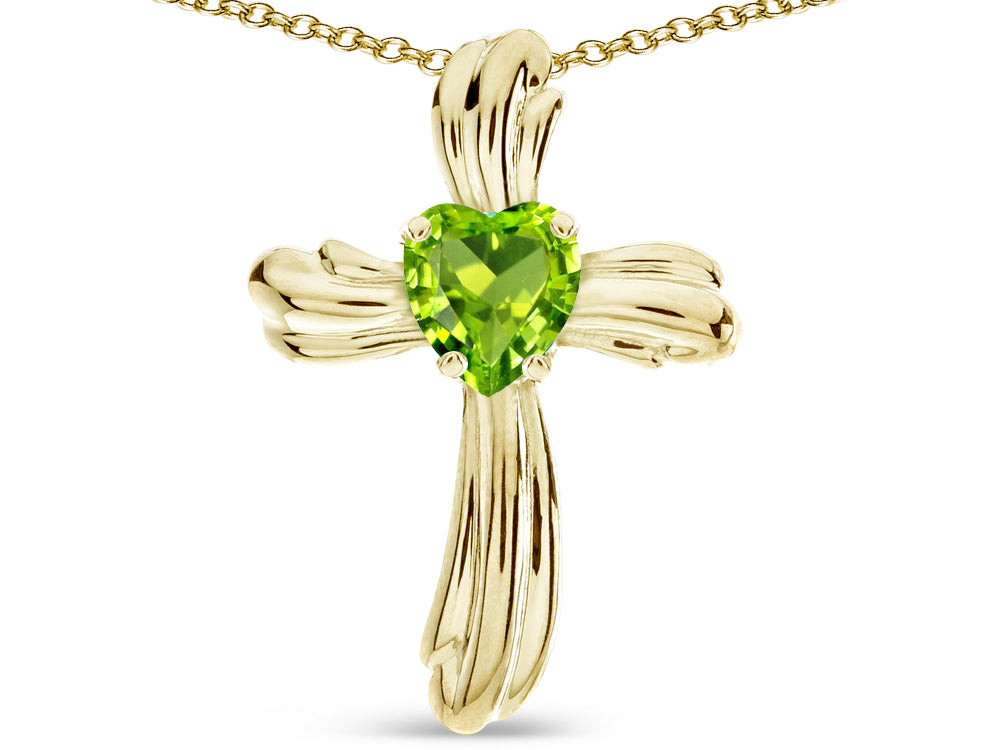 Star K Heart Shape 6mm Genuine Peridot Ribbed Cross Of Love Pendant Necklace 10k Yellow Gold