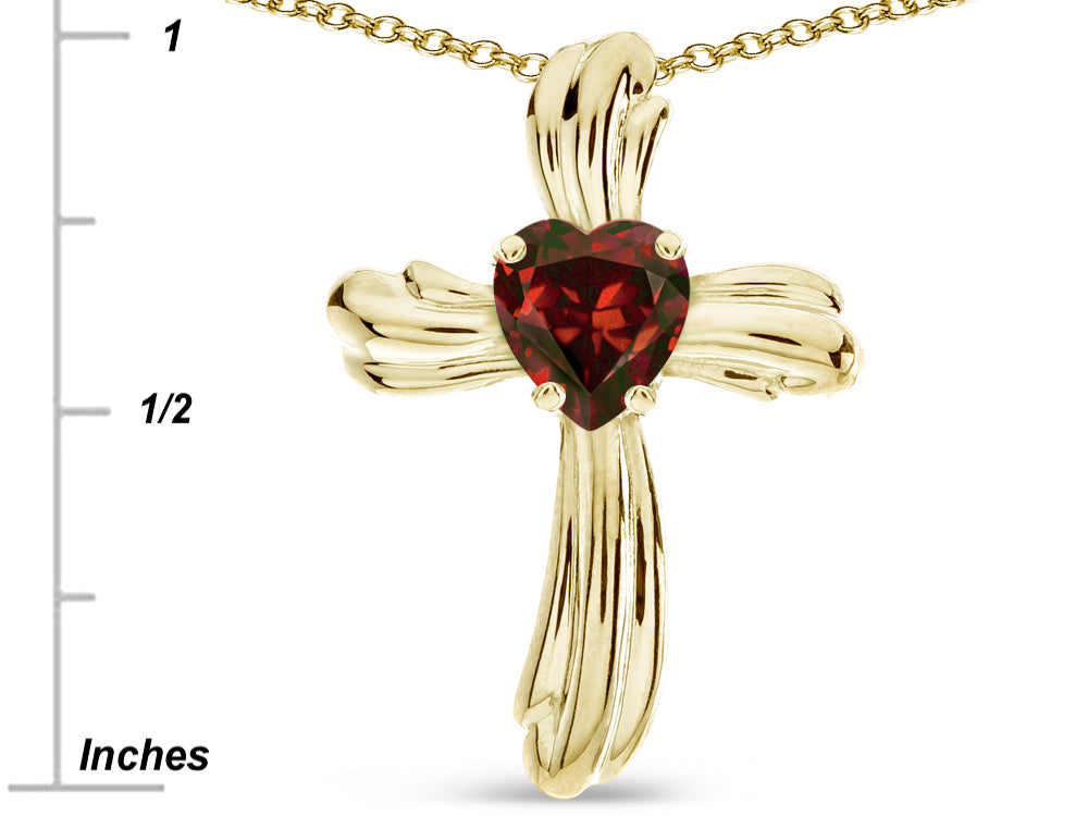 Star K Heart Shape 6mm Genuine Garnet Ribbed Cross Of Love Pendant Necklace 10k Yellow Gold