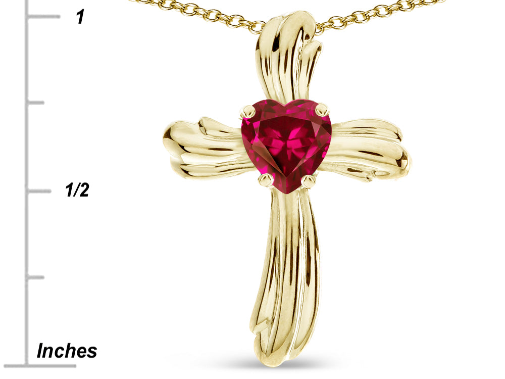 Star K Heart Shape 6mm Created Ruby Ribbed Cross Of Love Pendant Necklace 10k Yellow Gold