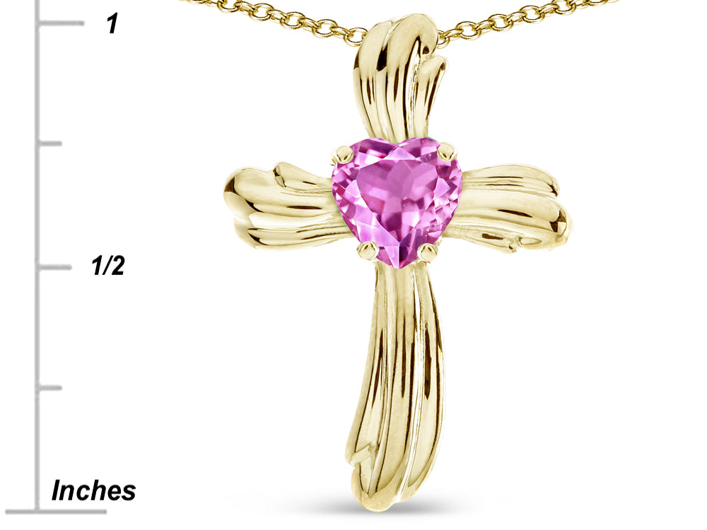 Star K Heart Shape 6mm Created Pink Sapphire Ribbed Cross Of Love Pendant Necklace 10k Yellow Gold
