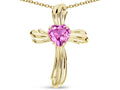 Star K Heart Shape 6mm Created Pink Sapphire Ribbed Cross Of Love Pendant Necklace 10k Yellow Gold