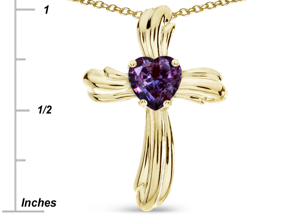 Star K Heart Shape 6mm Simulated Alexandrite Ribbed Cross Of Love Pendant Necklace 10k Yellow Gold
