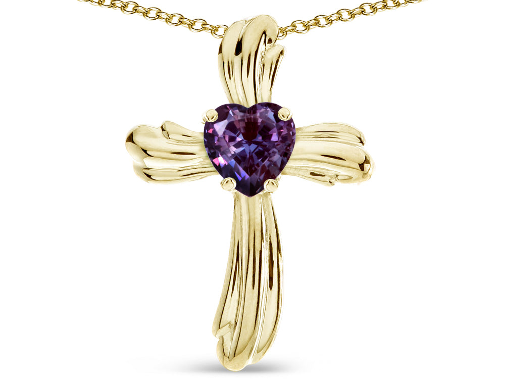 Star K Heart Shape 6mm Simulated Alexandrite Ribbed Cross Of Love Pendant Necklace 10k Yellow Gold