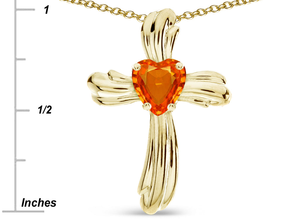 Star K Heart Shape 6mm Simulated Orange Mexican Fire Opal Ribbed Cross Of Love Pendant Necklace 10k Yellow Gold