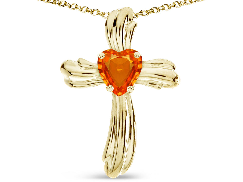 Star K Heart Shape 6mm Simulated Orange Mexican Fire Opal Ribbed Cross Of Love Pendant Necklace 10k Yellow Gold