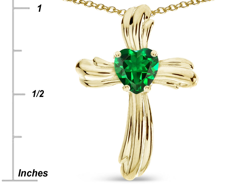 Star K Heart Shape 6mm Simulated Emerald Ribbed Cross Of Love Pendant Necklace 10k Yellow Gold