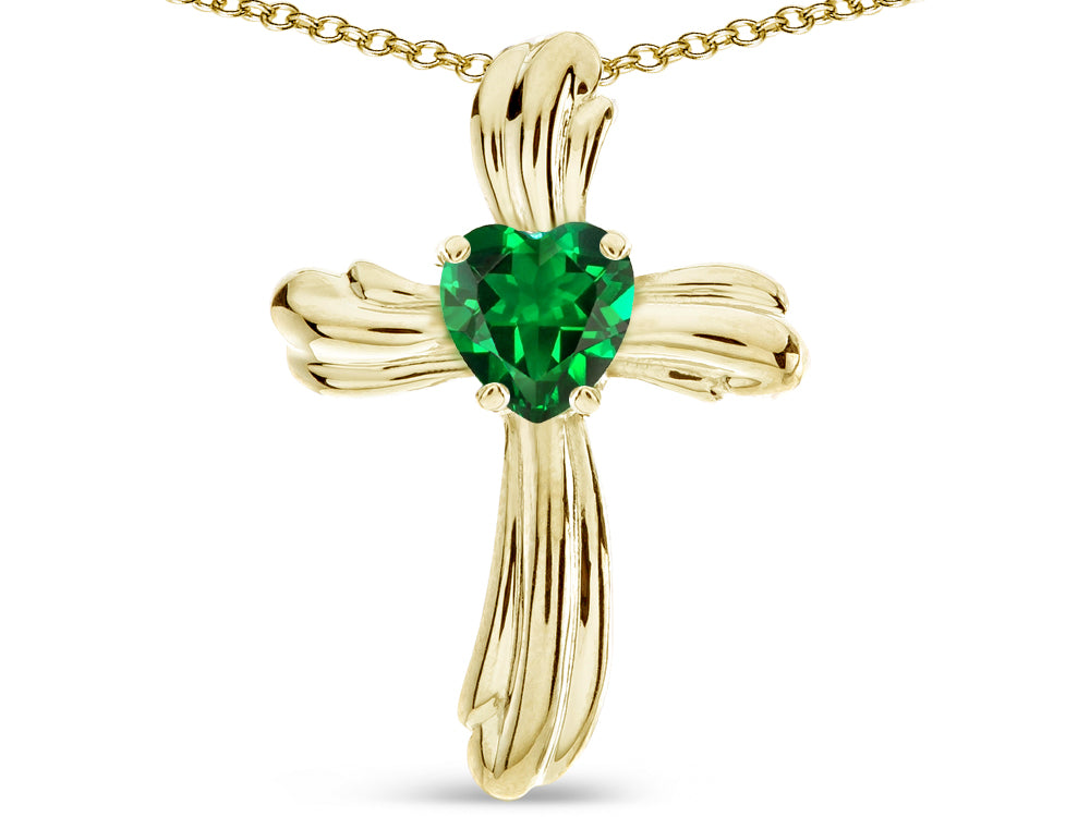 Star K Heart Shape 6mm Simulated Emerald Ribbed Cross Of Love Pendant Necklace 10k Yellow Gold