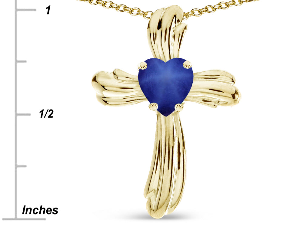 Star K Heart Shape 6mm Created Star Sapphire Ribbed Cross Of Love Pendant Necklace 10k Yellow Gold