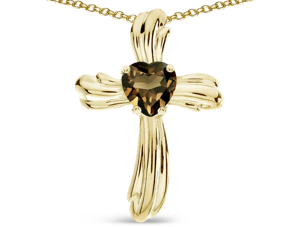 Star K Heart Shape 6mm Genuine Smoky Quartz Ribbed Cross Of Love Pendant Necklace 10k Yellow Gold