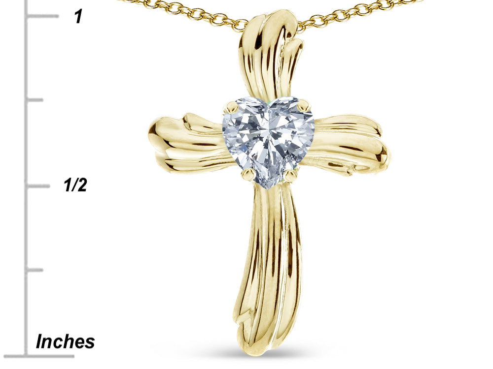 Star K Heart Shape 6mm Genuine White Topaz Ribbed Cross Of Love Pendant Necklace 10k Yellow Gold