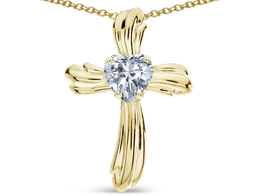 Star K Heart Shape 6mm Genuine White Topaz Ribbed Cross Of Love Pendant Necklace 10k Yellow Gold