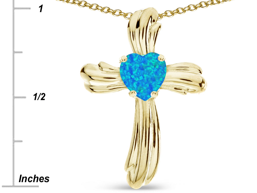 Star K Heart Shape 6mm Blue Created Opal Ribbed Cross Of Love Pendant Necklace 10k Yellow Gold