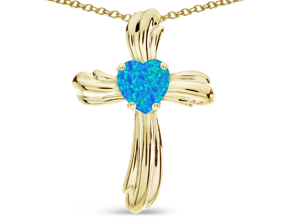 Star K Heart Shape 6mm Blue Created Opal Ribbed Cross Of Love Pendant Necklace 10k Yellow Gold