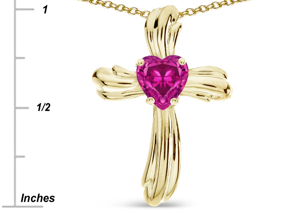 Star K Heart Shape 6mm Simulated Pink Tourmaline Ribbed Cross Of Love Pendant Necklace 10k Yellow Gold