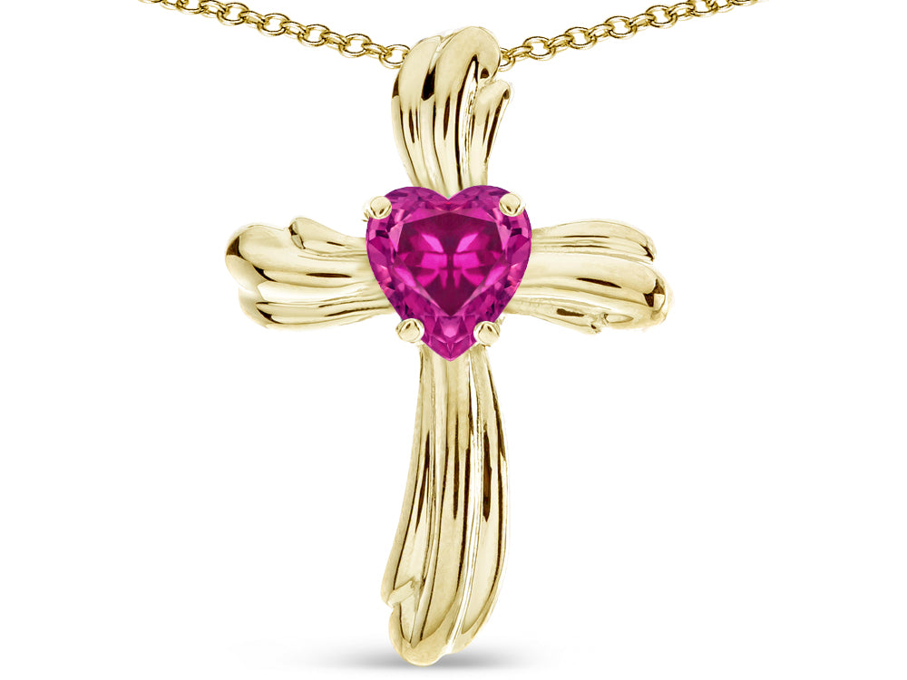 Star K Heart Shape 6mm Simulated Pink Tourmaline Ribbed Cross Of Love Pendant Necklace 10k Yellow Gold
