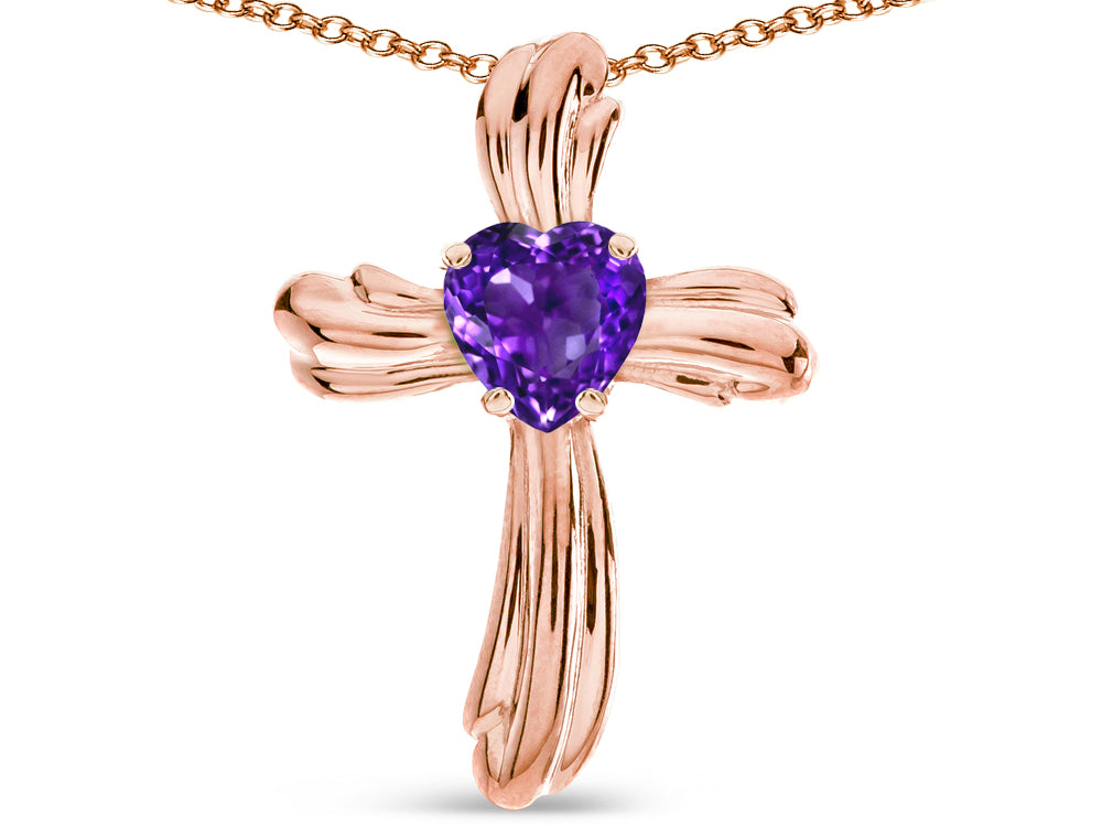 Star K Heart Shape 6mm Genuine Amethyst Ribbed Cross Of Love Pendant Necklace 14k Rose Gold