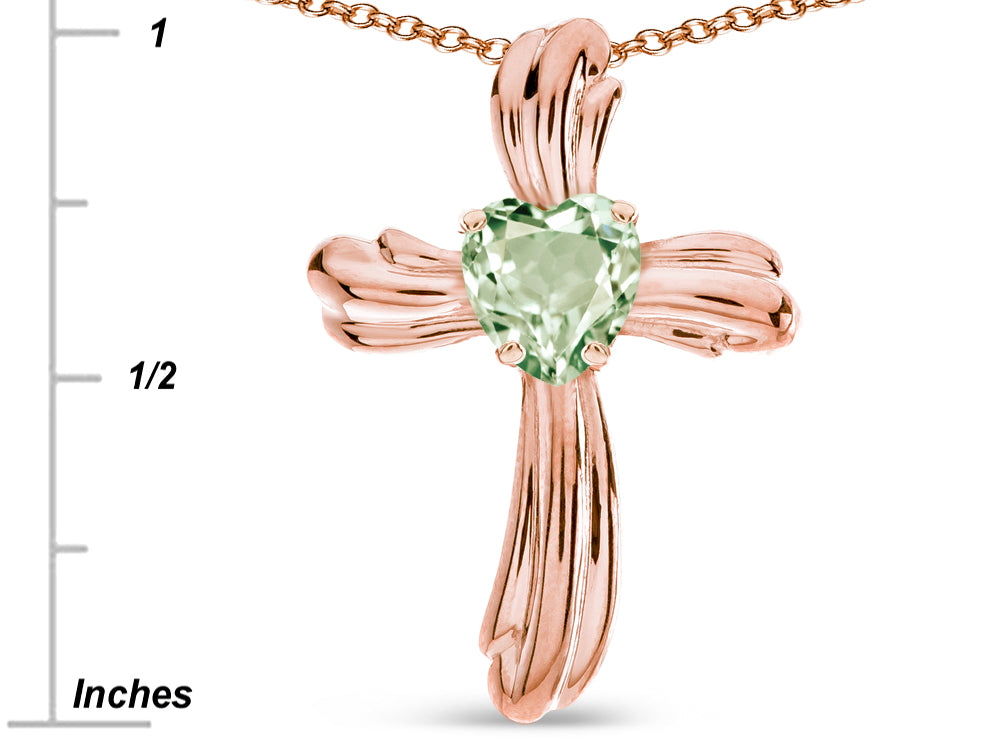 Star K Heart Shape 6mm Genuine Green Amethyst Ribbed Cross Of Love Pendant Necklace 14k Rose Gold