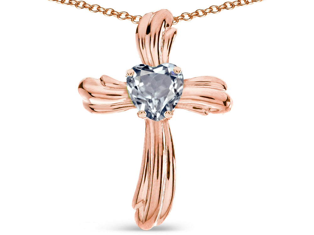 Star K Heart Shape 6mm Genuine Aquamarine Ribbed Cross Of Love Pendant Necklace 14k Rose Gold