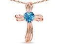 Star K Heart Shape 6mm Genuine Blue Topaz Ribbed Cross Of Love Pendant Necklace 14k Rose Gold