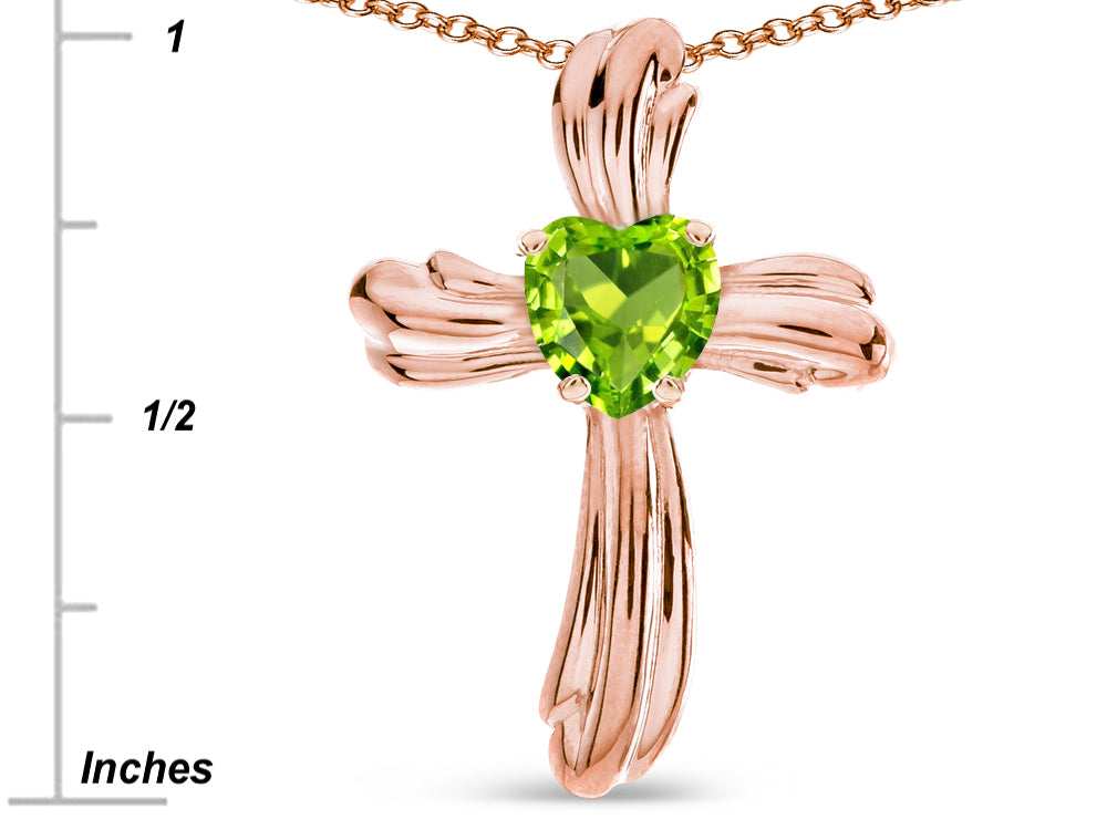 Star K Heart Shape 6mm Genuine Peridot Ribbed Cross Of Love Pendant Necklace 14k Rose Gold