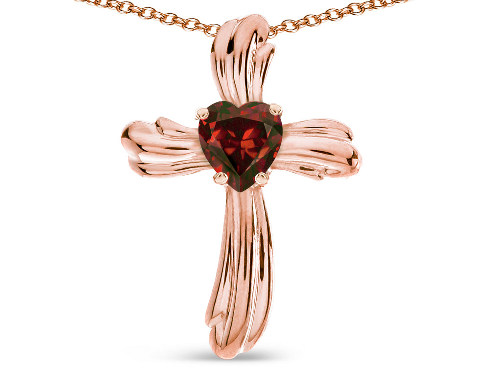 Star K Heart Shape 6mm Genuine Garnet Ribbed Cross Of Love Pendant Necklace 14k Rose Gold