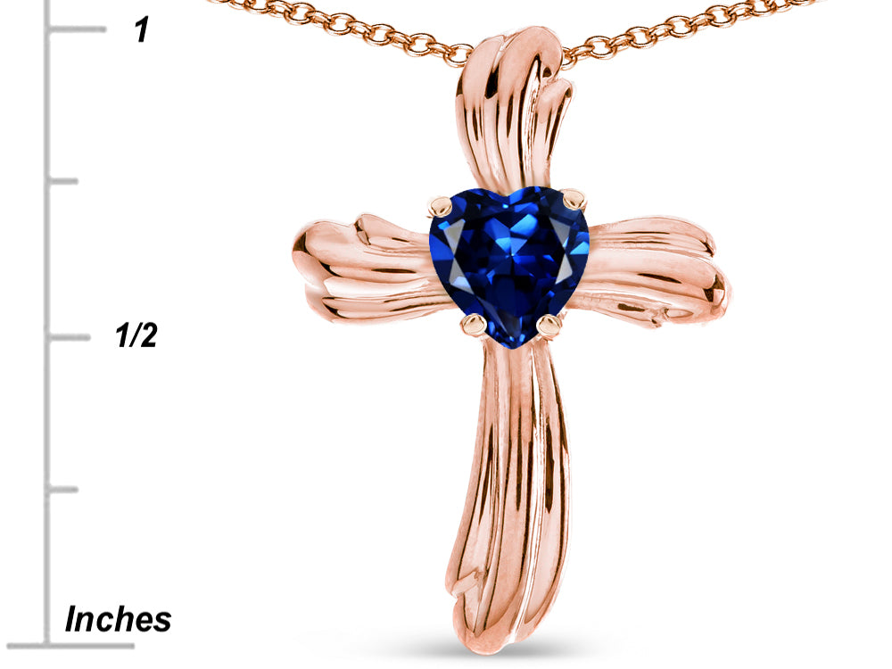 Star K Heart Shape 6mm Created Sapphire Ribbed Cross Of Love Pendant Necklace 14k Rose Gold