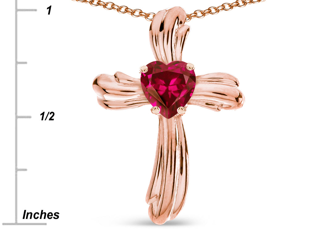 Star K Heart Shape 6mm Created Ruby Ribbed Cross Of Love Pendant Necklace 14k Rose Gold