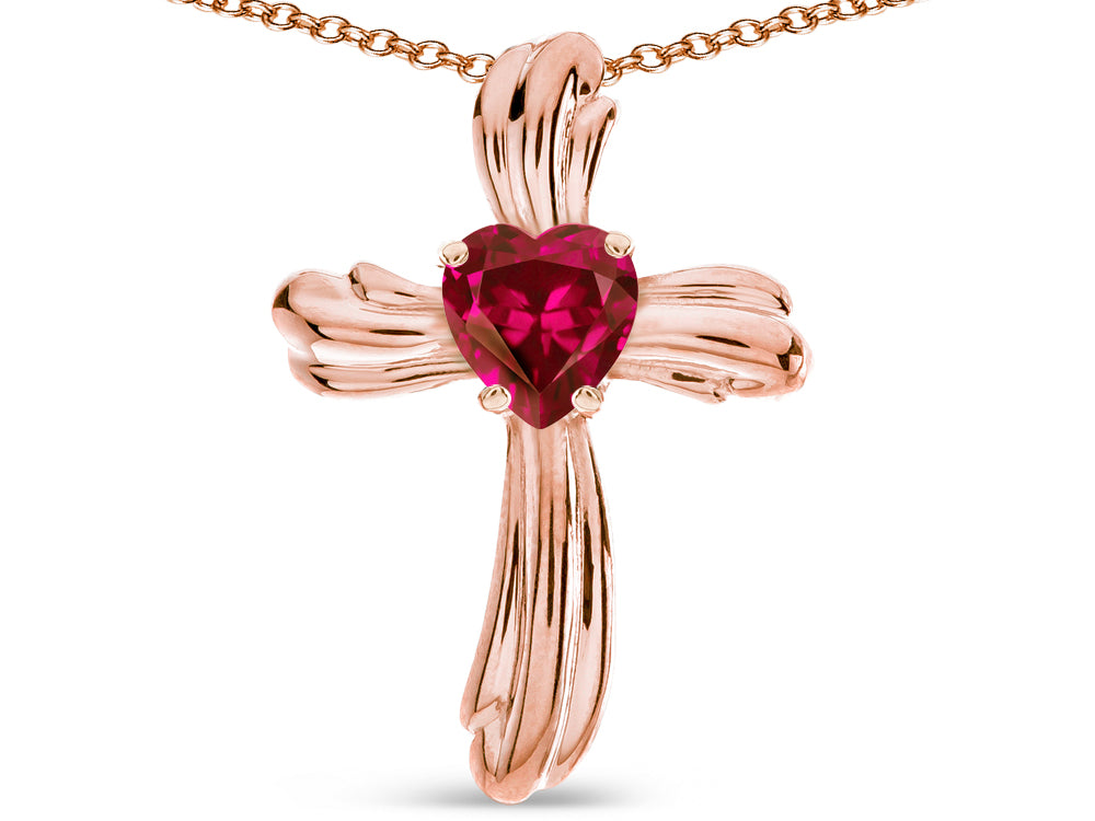 Star K Heart Shape 6mm Created Ruby Ribbed Cross Of Love Pendant Necklace 14k Rose Gold