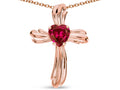 Star K Heart Shape 6mm Created Ruby Ribbed Cross Of Love Pendant Necklace 14k Rose Gold