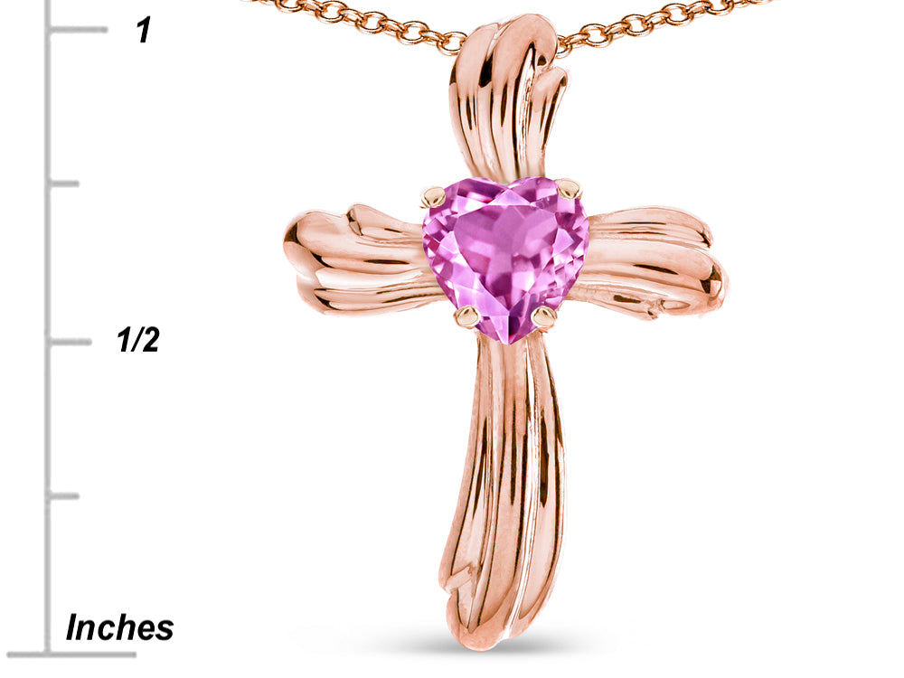 Star K Heart Shape 6mm Created Pink Sapphire Ribbed Cross Of Love Pendant Necklace 14k Rose Gold