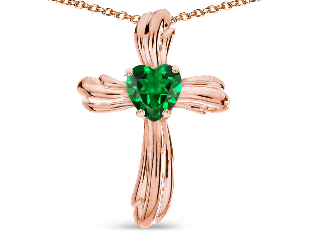 Star K Heart Shape 6mm Simulated Emerald Ribbed Cross Of Love Pendant Necklace 14k Rose Gold