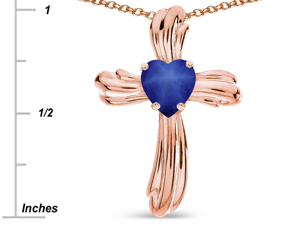 Star K Heart Shape 6mm Created Star Sapphire Ribbed Cross Of Love Pendant Necklace 14k Rose Gold