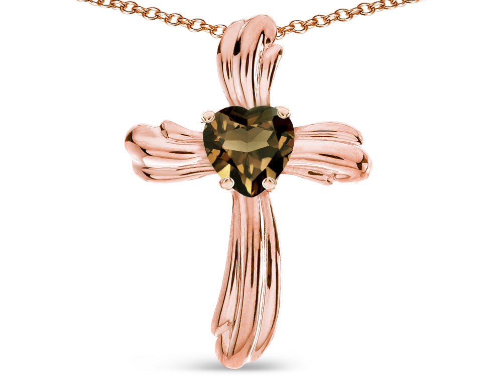 Star K Heart Shape 6mm Genuine Smoky Quartz Ribbed Cross Of Love Pendant Necklace 14k Rose Gold