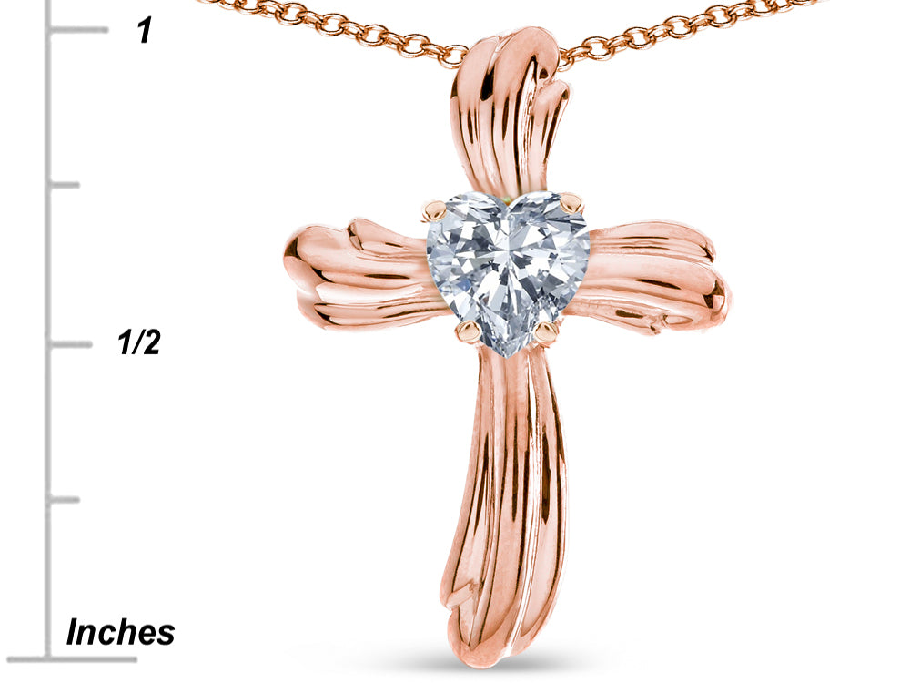 Star K Heart Shape 6mm Genuine White Topaz Ribbed Cross Of Love Pendant Necklace 14k Rose Gold