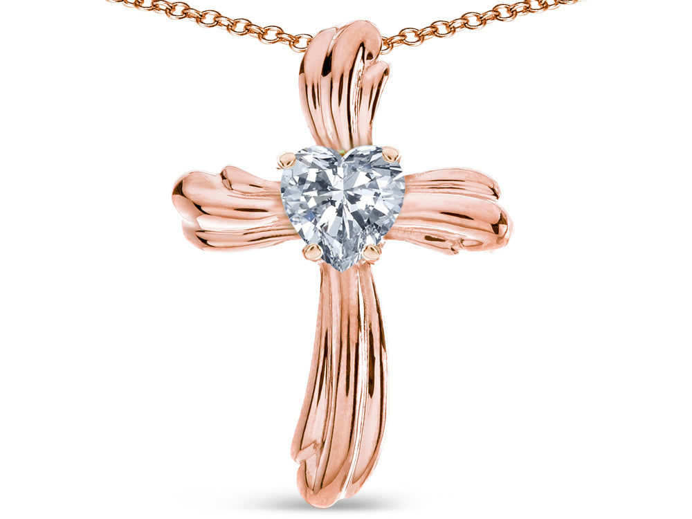 Star K Heart Shape 6mm Genuine White Topaz Ribbed Cross Of Love Pendant Necklace 14k Rose Gold