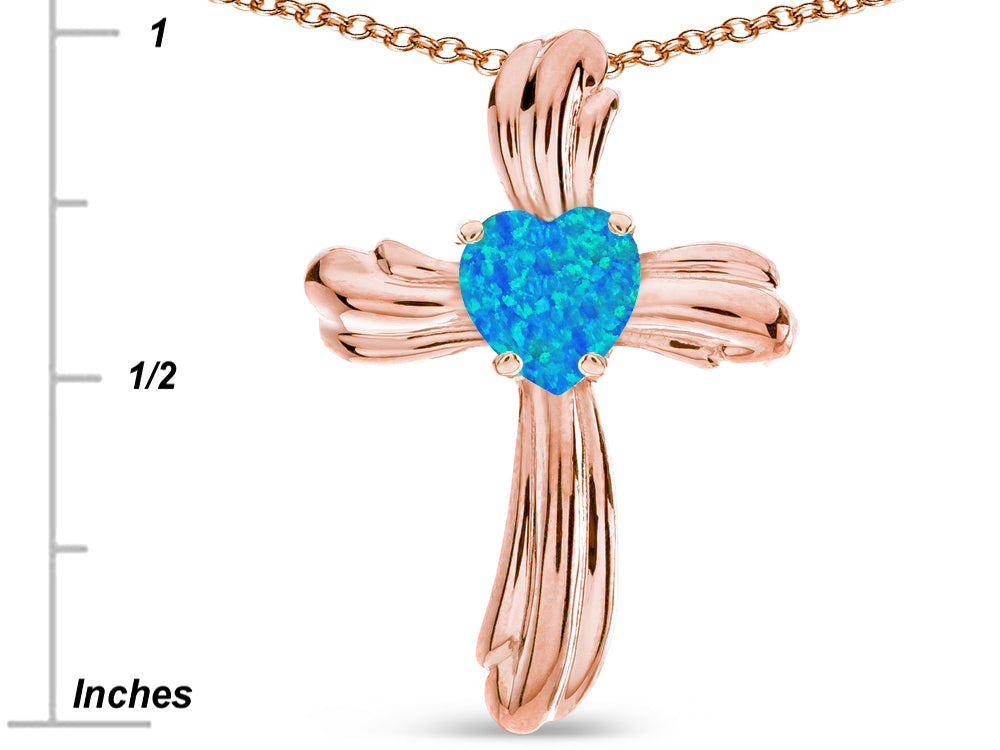Star K Heart Shape 6mm Blue Created Opal Ribbed Cross Of Love Pendant Necklace 14k Rose Gold