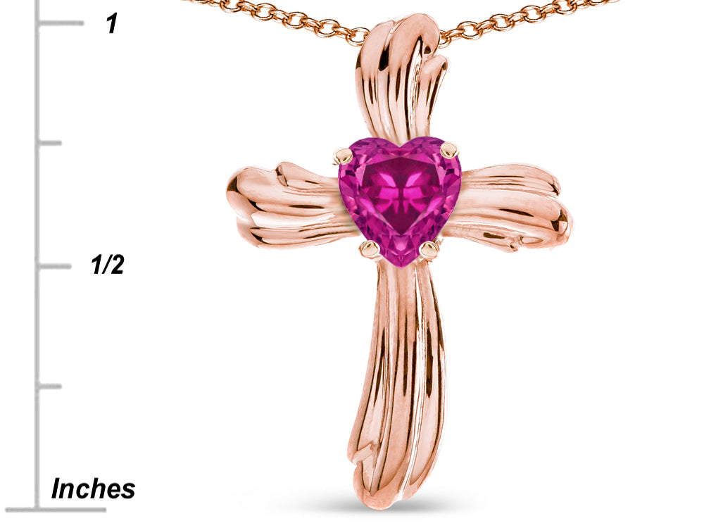 Star K Heart Shape 6mm Simulated Pink Tourmaline Ribbed Cross Of Love Pendant Necklace 14k Rose Gold