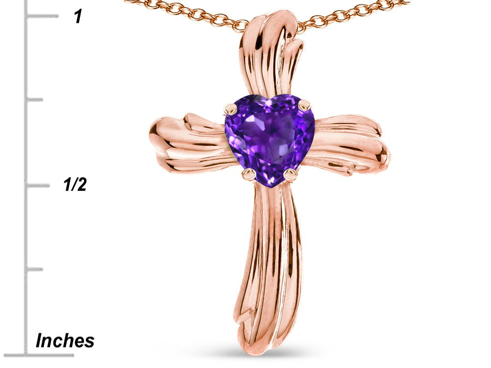 Star K Heart Shape 6mm Genuine Amethyst Ribbed Cross Of Love Pendant Necklace 10k Rose Gold