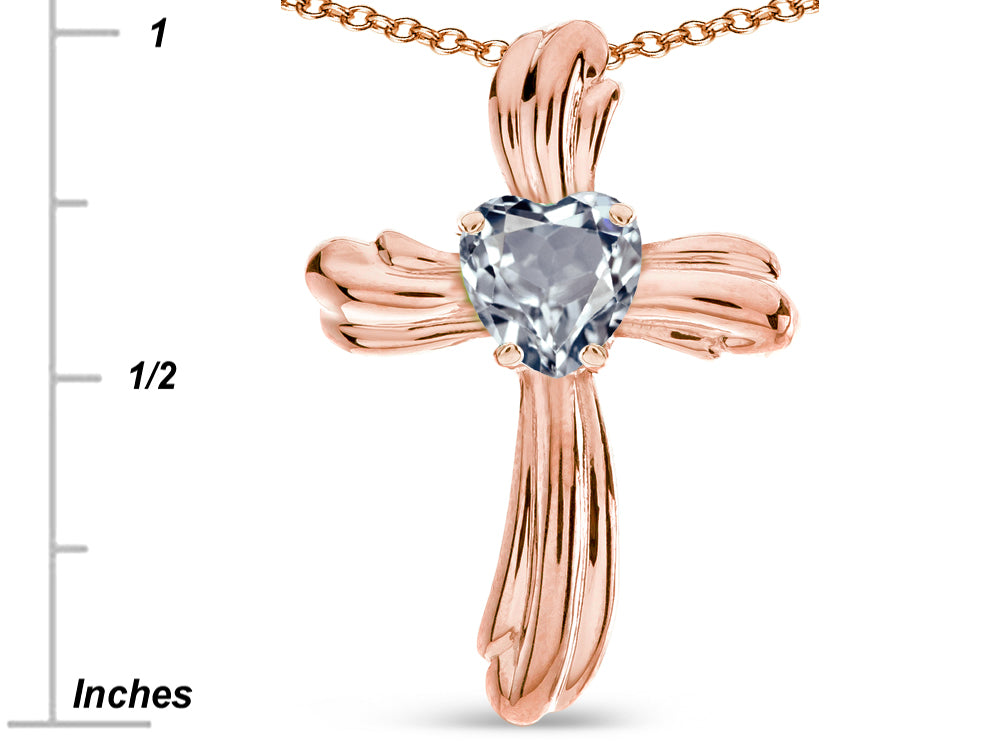 Star K Heart Shape 6mm Genuine Aquamarine Ribbed Cross Of Love Pendant Necklace 10k Rose Gold