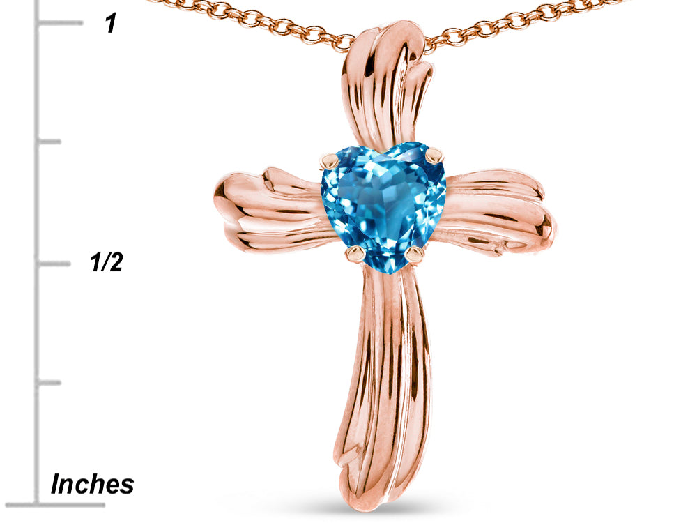 Star K Heart Shape 6mm Genuine Blue Topaz Ribbed Cross Of Love Pendant Necklace 10k Rose Gold