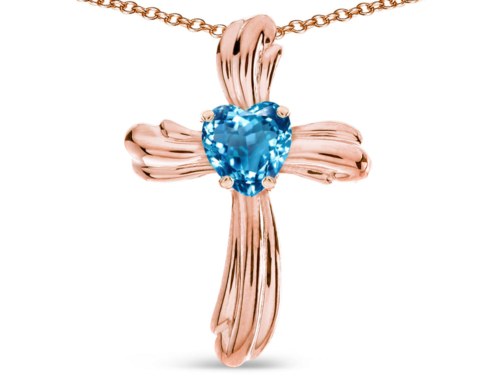 Star K Heart Shape 6mm Genuine Blue Topaz Ribbed Cross Of Love Pendant Necklace 10k Rose Gold