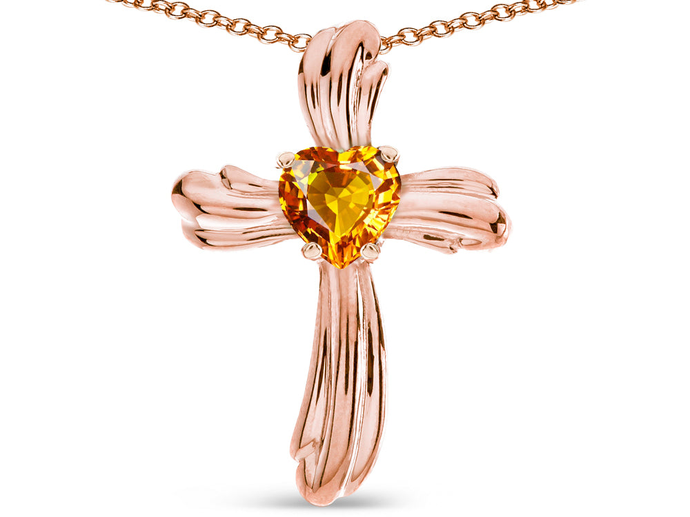 Star K Heart Shape 6mm Genuine Citrine Ribbed Cross Of Love Pendant Necklace 10k Rose Gold