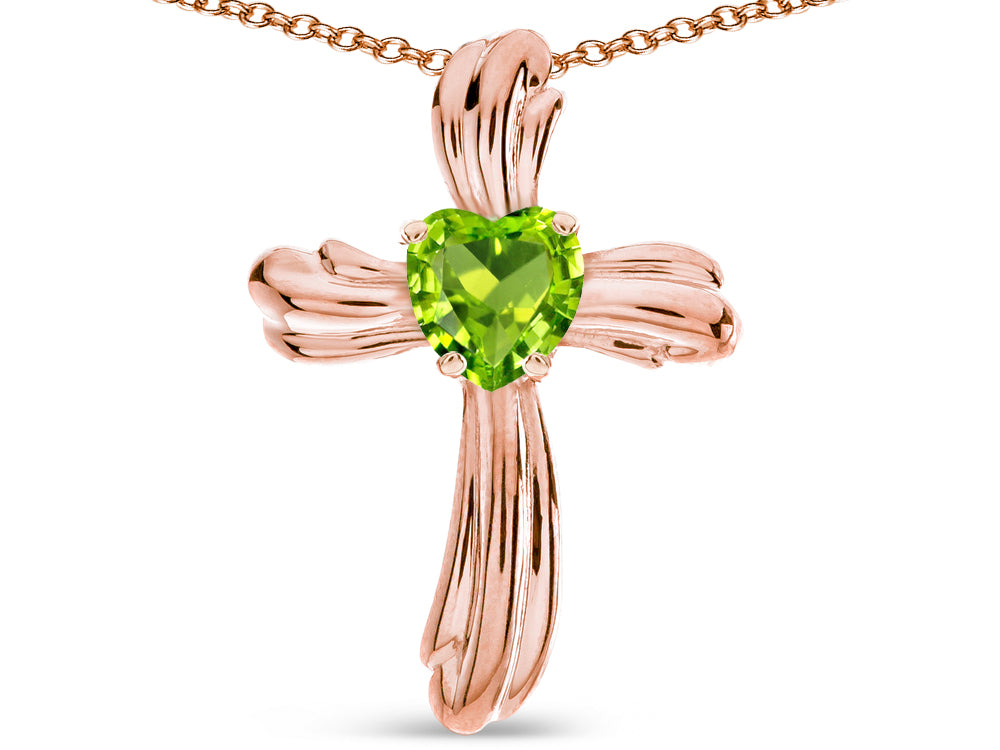 Star K Heart Shape 6mm Genuine Peridot Ribbed Cross Of Love Pendant Necklace 10k Rose Gold