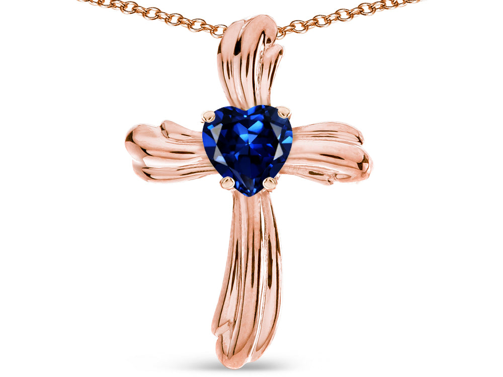 Star K Heart Shape 6mm Created Sapphire Ribbed Cross Of Love Pendant Necklace 10k Rose Gold