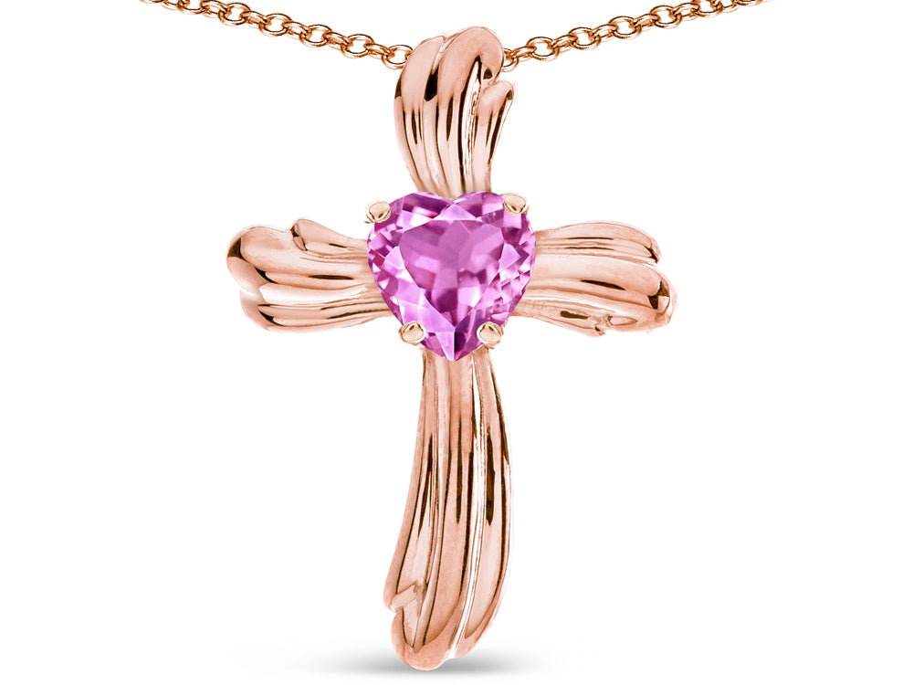 Star K Heart Shape 6mm Created Pink Sapphire Ribbed Cross Of Love Pendant Necklace 10k Rose Gold