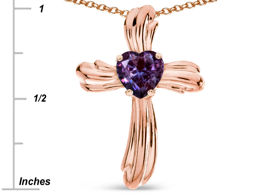 Star K Heart Shape 6mm Simulated Alexandrite Ribbed Cross Of Love Pendant Necklace 10k Rose Gold