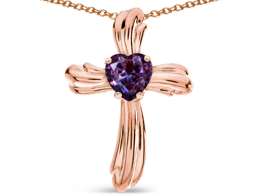 Star K Heart Shape 6mm Simulated Alexandrite Ribbed Cross Of Love Pendant Necklace 10k Rose Gold