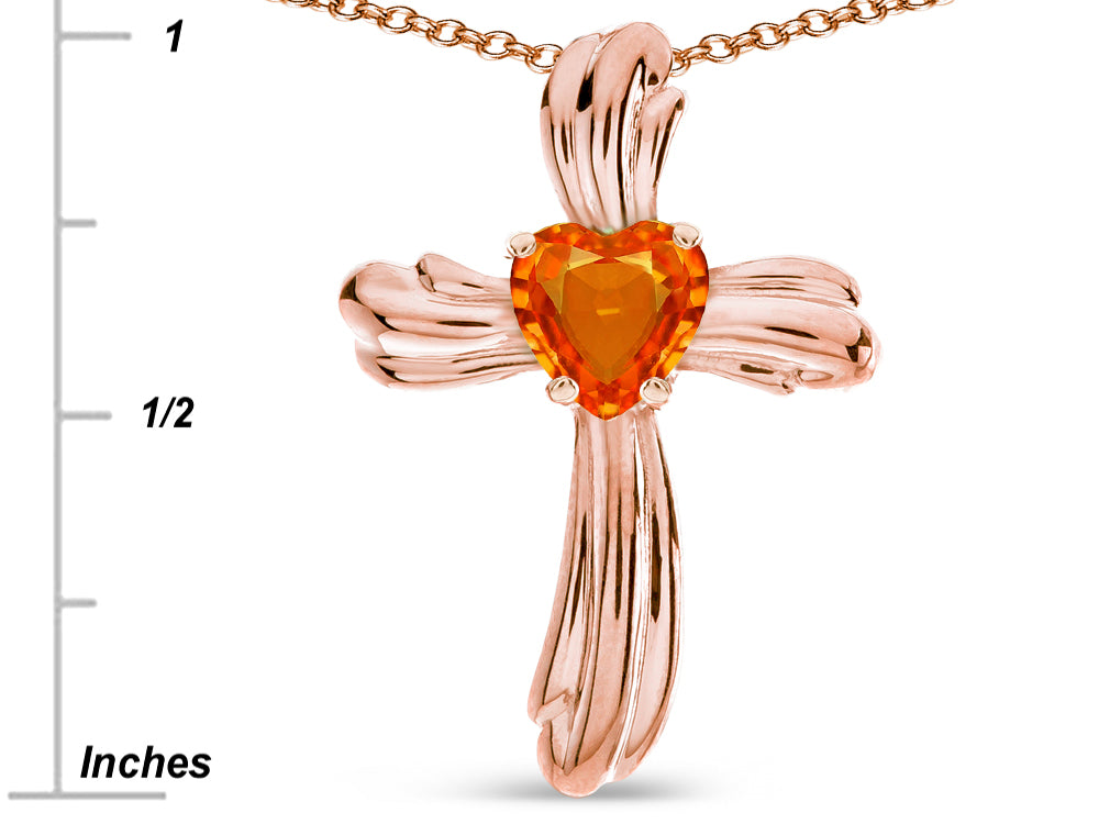 Star K Heart Shape 6mm Simulated Orange Mexican Fire Opal Ribbed Cross Of Love Pendant Necklace 10k Rose Gold