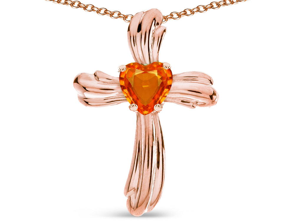 Star K Heart Shape 6mm Simulated Orange Mexican Fire Opal Ribbed Cross Of Love Pendant Necklace 10k Rose Gold